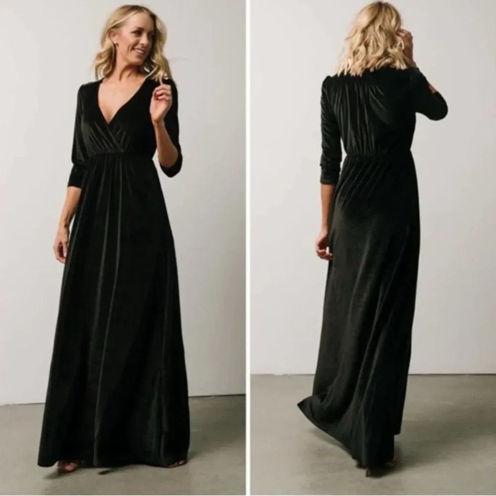 Baltic Born Dress Womens Large Black Velvet Wrap Maxi V Neck 3/4 Sleeve Pleated